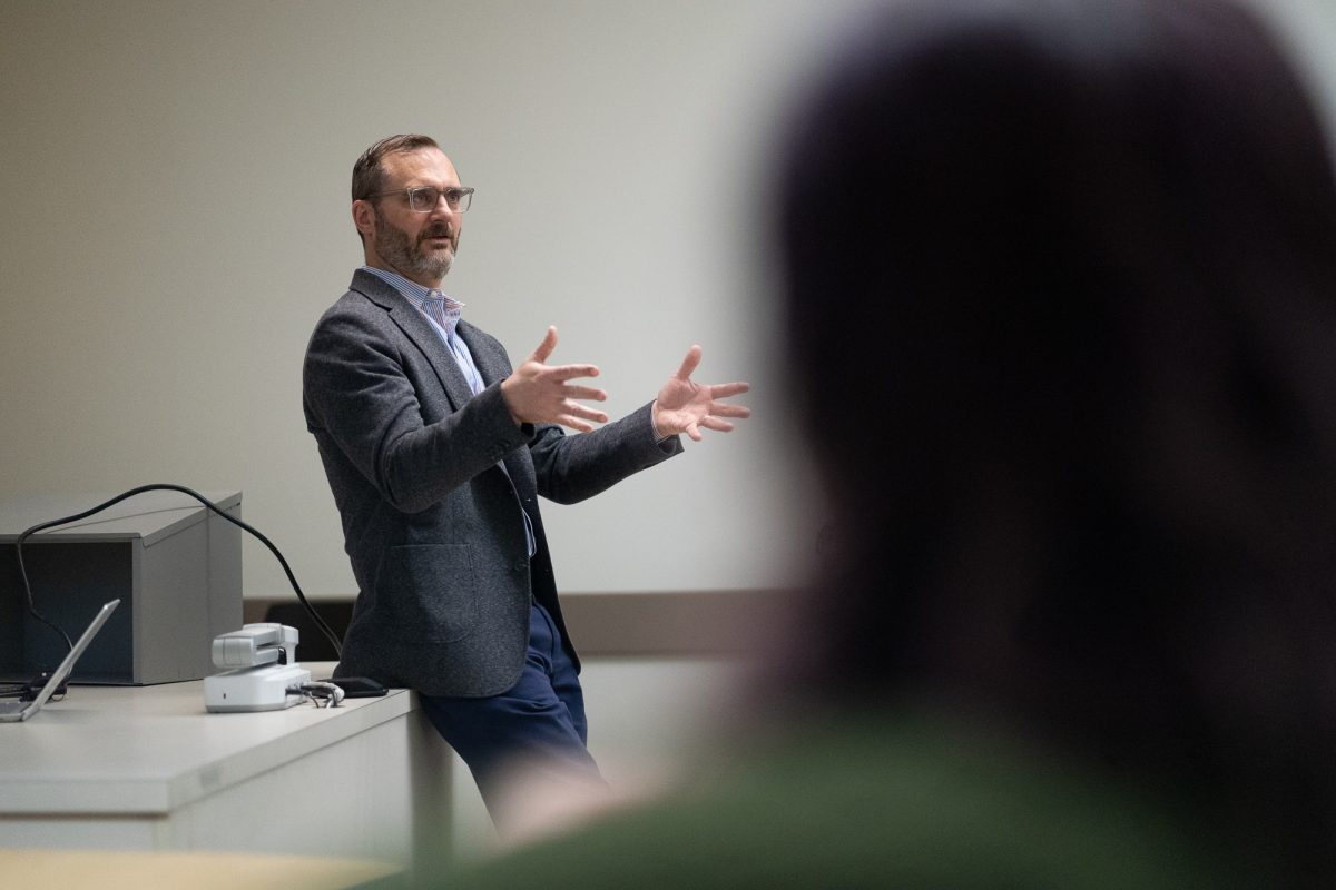Sonoma State University Women and Gender Studies Professor Don Romesburg gives a brief lecture before students give presentations in his classroom, in 35 Darwin on April 2, 2025. Romesburg's course is one of the many being dropped due to Sonoma State University's budget cuts.