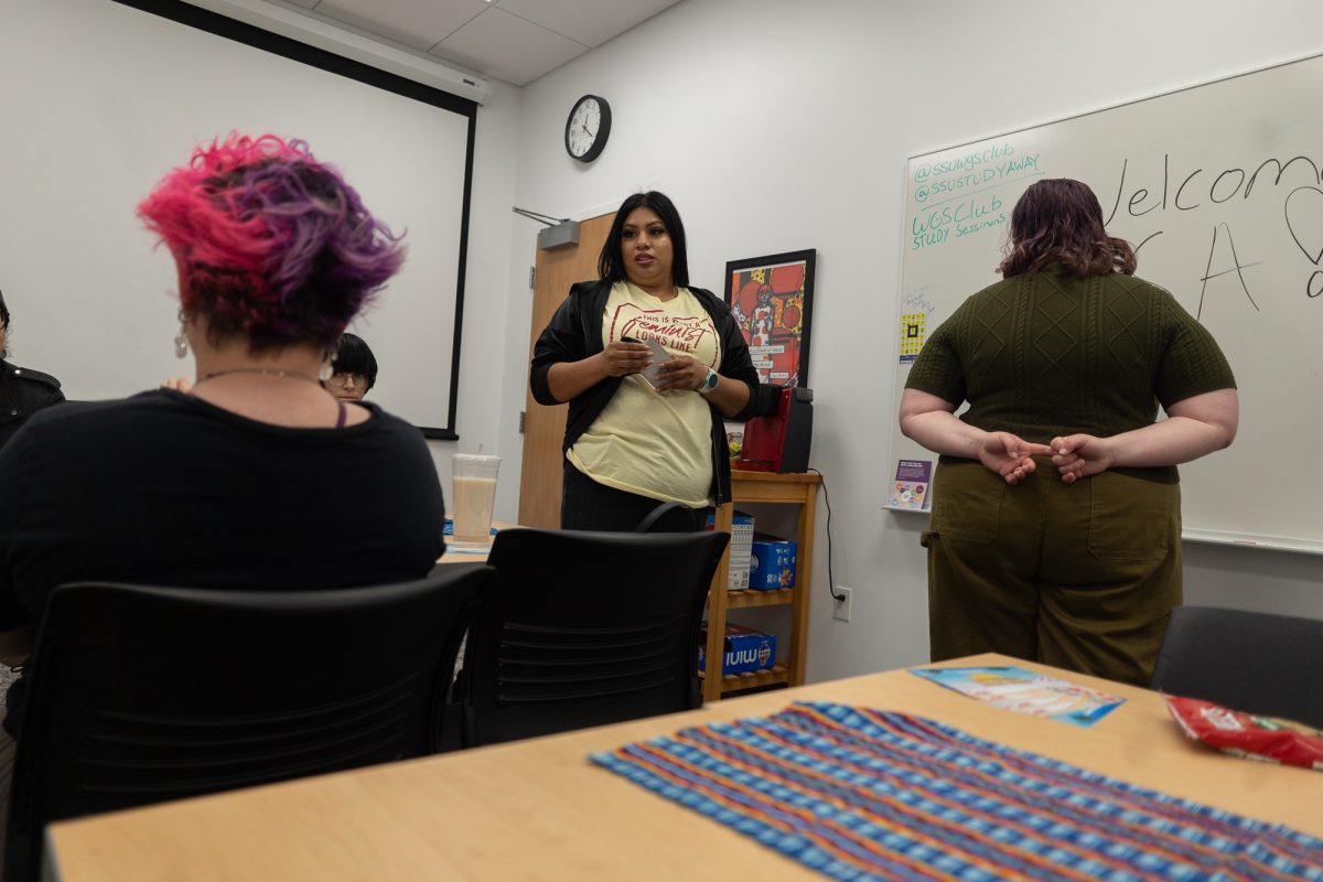 Xochilt Martinez Balladares provides the room with instructions during a Women and Gender Studies club meeting located at 3118 Stevenson at Sonoma State University on April 3, 2025. As Balladares’ time at SSU nears its end, she worries how safe spaces like the WGS club will thrive in the face of budget cuts.