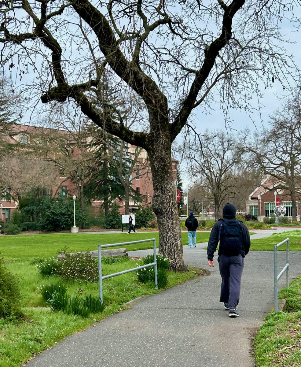 SRJC students cross the Mendocino Avenue campus toward Doyle Library and Bertolini Student Center.

