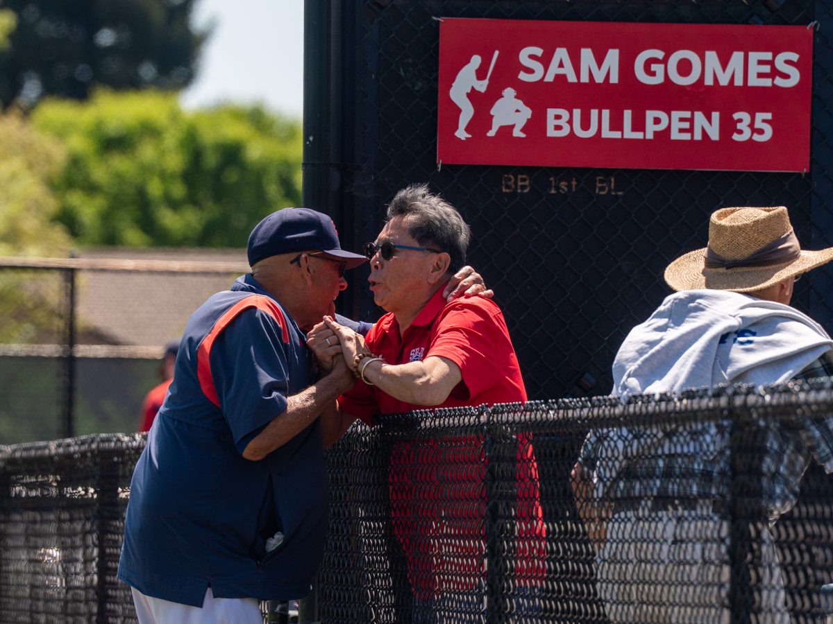Assistant coach Tom Francois and President Emeritus Dr. Frank Chong greet each other near the Sam Gomes bullpen ahead of the first game of the 3C2A Baseball Regionals against American River College on Friday, May 2, 2025 at home. 