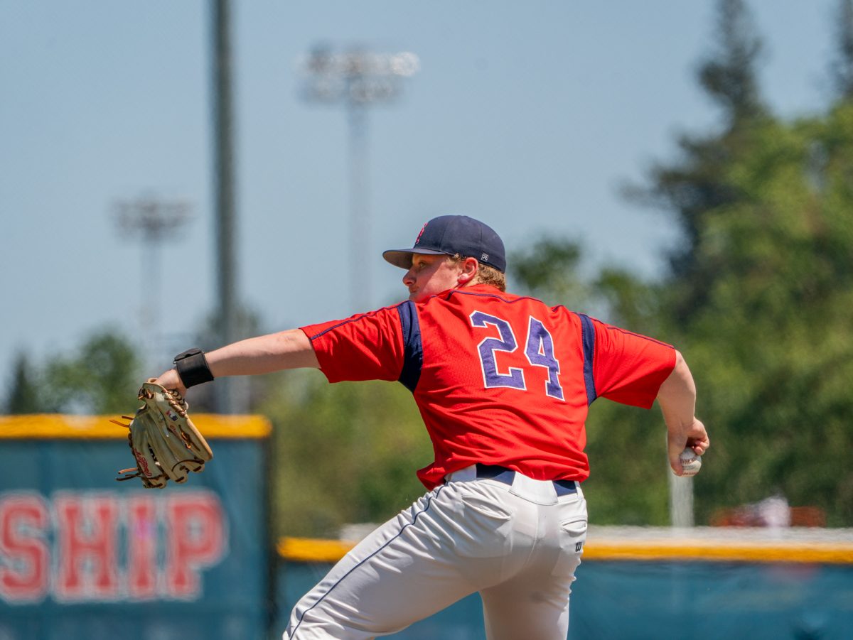 Sophomore pitcher Russell Freedheim winds back for a pitch as he starts for the Bear Cubs against American River in the first game of the 3C2A Baseball Regionals on Friday, May 2, 2025 at home.