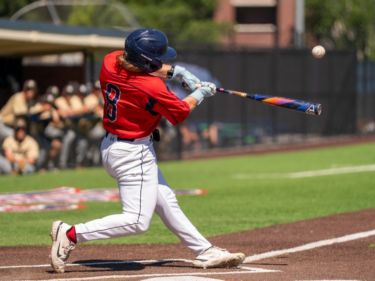 Sophomore Joe Brown hits a single in the bottom of the second against Delta College on the first day of the 3C2A Super Regional playoffs on Thursday, May 8, 2025 at home. 