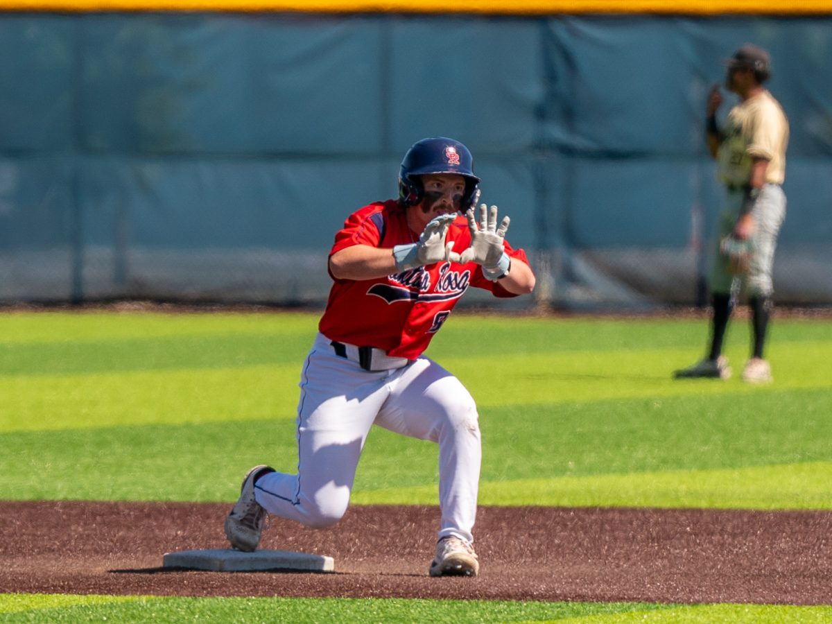Sophomore Joe Brown hits a pose after hitting a double in the bottom of the second against Delta College on the first day of the 3C2A Super Regional playoffs on Thursday, May 8, 2025 at home. 
