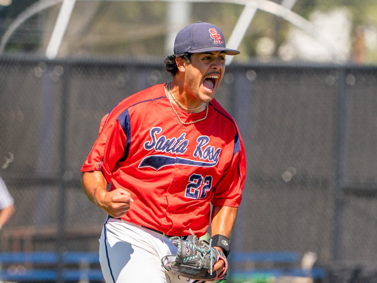Sophomore pitcher Raul Valdivia shouts back to the home dugout after striking out Folsom Lake pinch hitter Justin Menesini in the first game against Folsom Lake on the second day of the 3C2A Super Regional playoffs on Friday, May 9, 2025 at home. 