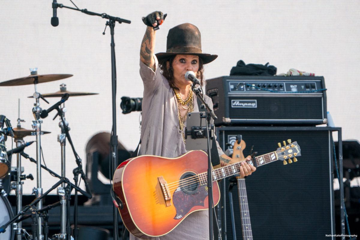 The 4 Non Blondes' lead singer Linda Perry gestures to the crowd as she performs, "Train," on the JaM Cellars Stage at BottleRock Napa Valley on Saturday, May 24, 2025 in Napa.
