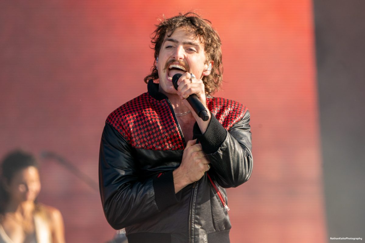 Benson Boone clutches his chest as he performs, "Cry," on the JaM Cellars Stage at BottleRock Napa Valley on Saturday, May 24, 2025 in Napa.