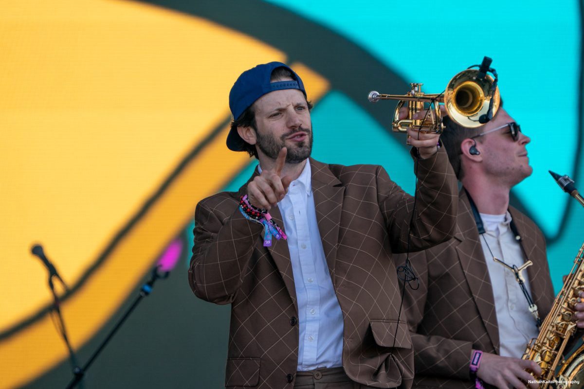 The Lawrence Band's Marc Langer gestures to the crowd during the performance of, "Family Business," on the JaM Cellars Stage at BottleRock Napa Valley on Saturday, May 24, 2025 in Napa.