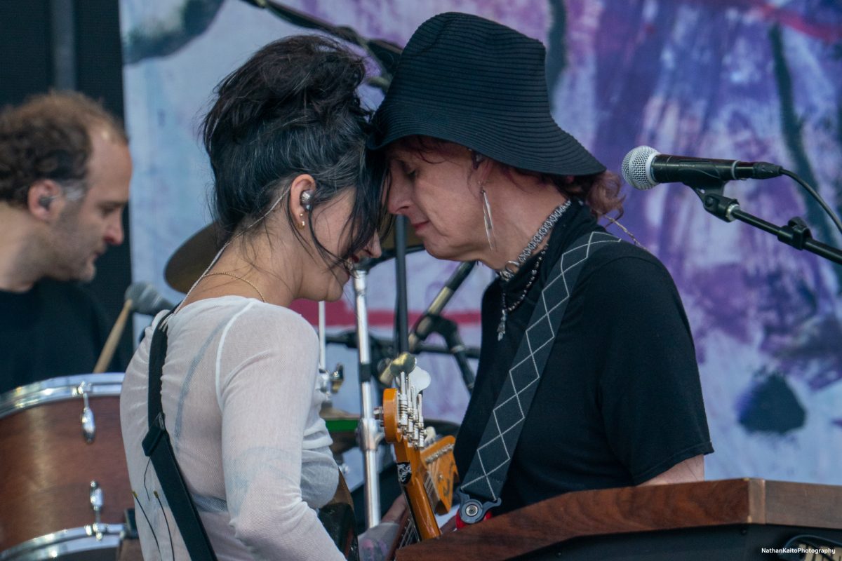 Lead vocalist, Sharon Van Etten and bassist Devra Hoff touch foreheads as they finish performing, "Idiot Box," on the JaM Cellars Stage at BottleRock Napa Valley on Saturday, May 24, 2025 in Napa.