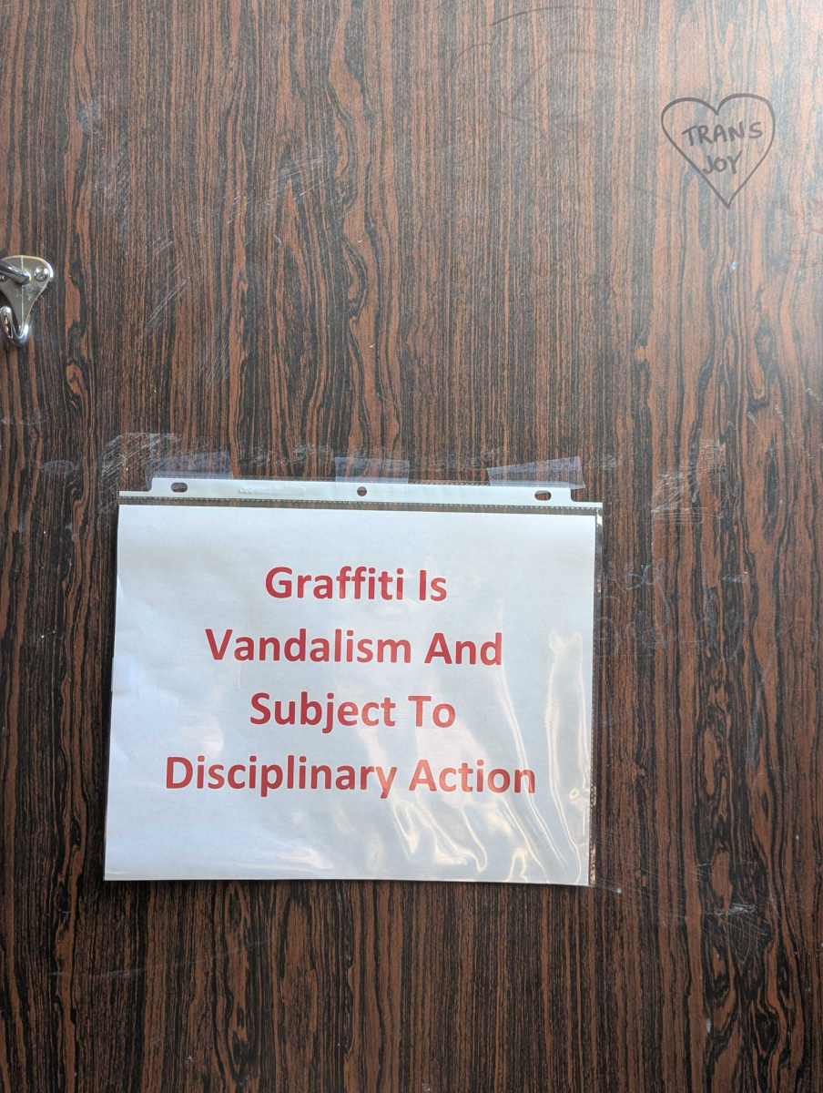 A sign posted by administration on April 24 hangs on the inside of an Analy Hall women's bathroom stall next to newly added graffiti on May 8, 2025.