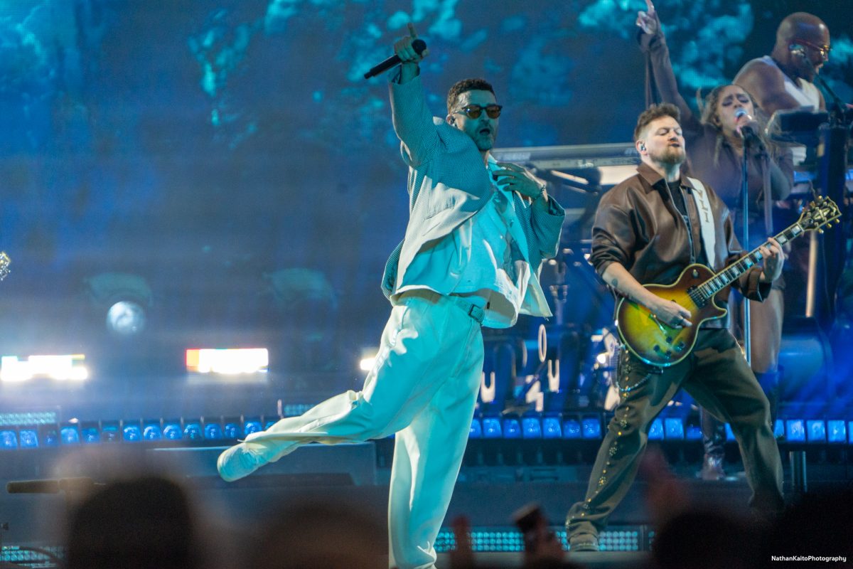 Justin Timberlake gestures to the crowd to sing along as he preforms, "Cry me a River," on the JaM Cellars Stage at BottleRock Napa Valley on Saturday, May 24, 2025 in Napa.