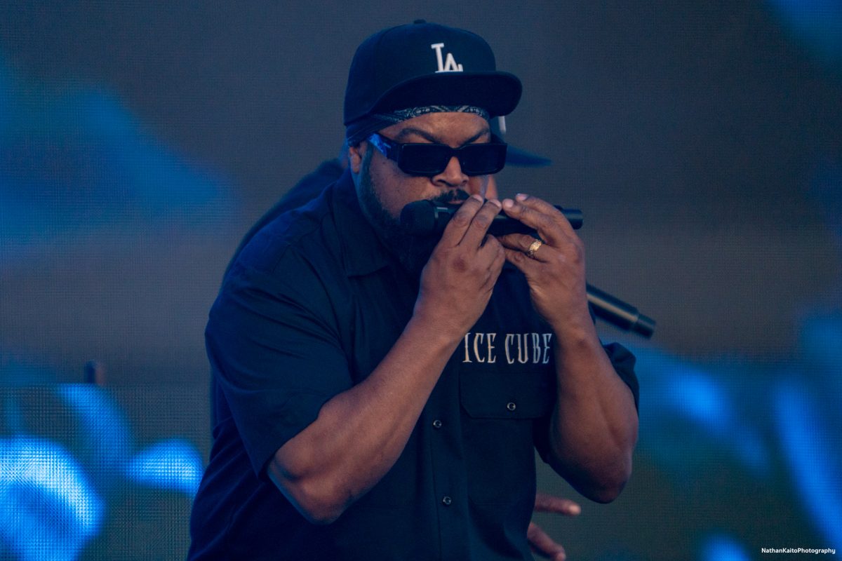 Ice Cube licks the side of his microphone as if it was a joint during his performance on the Verizon Stage at BottleRock Napa Valley on Saturday, May 24, 2025 in Napa.