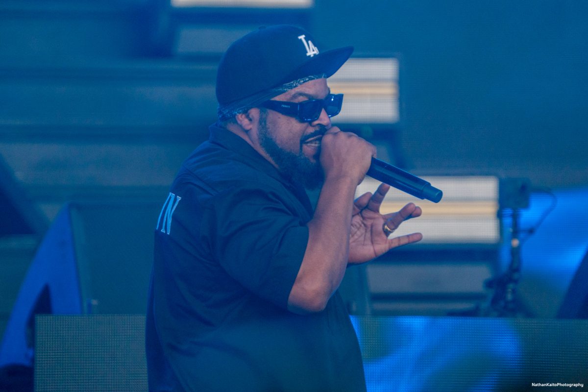 Ice Cube throws up a "W" for westside while performing, "Hello," on the Verizon Stage at BottleRock Napa Valley on Saturday, May 24, 2025 in Napa.