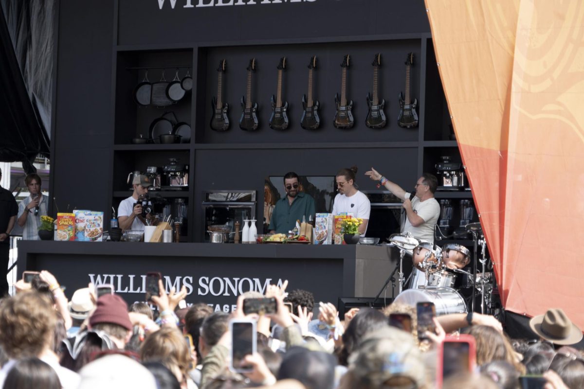 Noah Kahan and Joshua Weissman cooks in-fronts of an attentive crowd on the Williams Sonoma Culinary Stage at BottleRock Napa Valley on Sunday, May 25, 2025 in Napa.