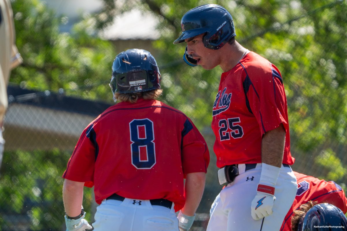 Sophomores Joe Brown and Josh Martin celebrate at home plate after freshman Shane Moran's single to right field sends them both home in the bottom of the second against Delta College on the first day of the 3C2A super regional playoffs on Thursday, May 8, 2025 at home. 