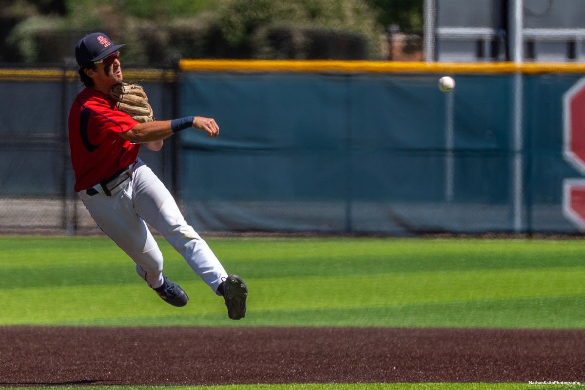 Freshman shortstop Caze Derammelaere launches the ball towards first for the out against Delta College on the first day of the 3C2A super regional playoffs on Thursday, May 8, 2025 at home. 