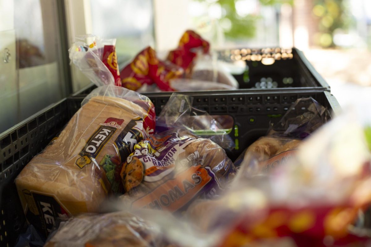 Various breads await pick-up in crates outside the Bailey Food Kiosk at Santa Rosa Junior College on May 8, 2025.