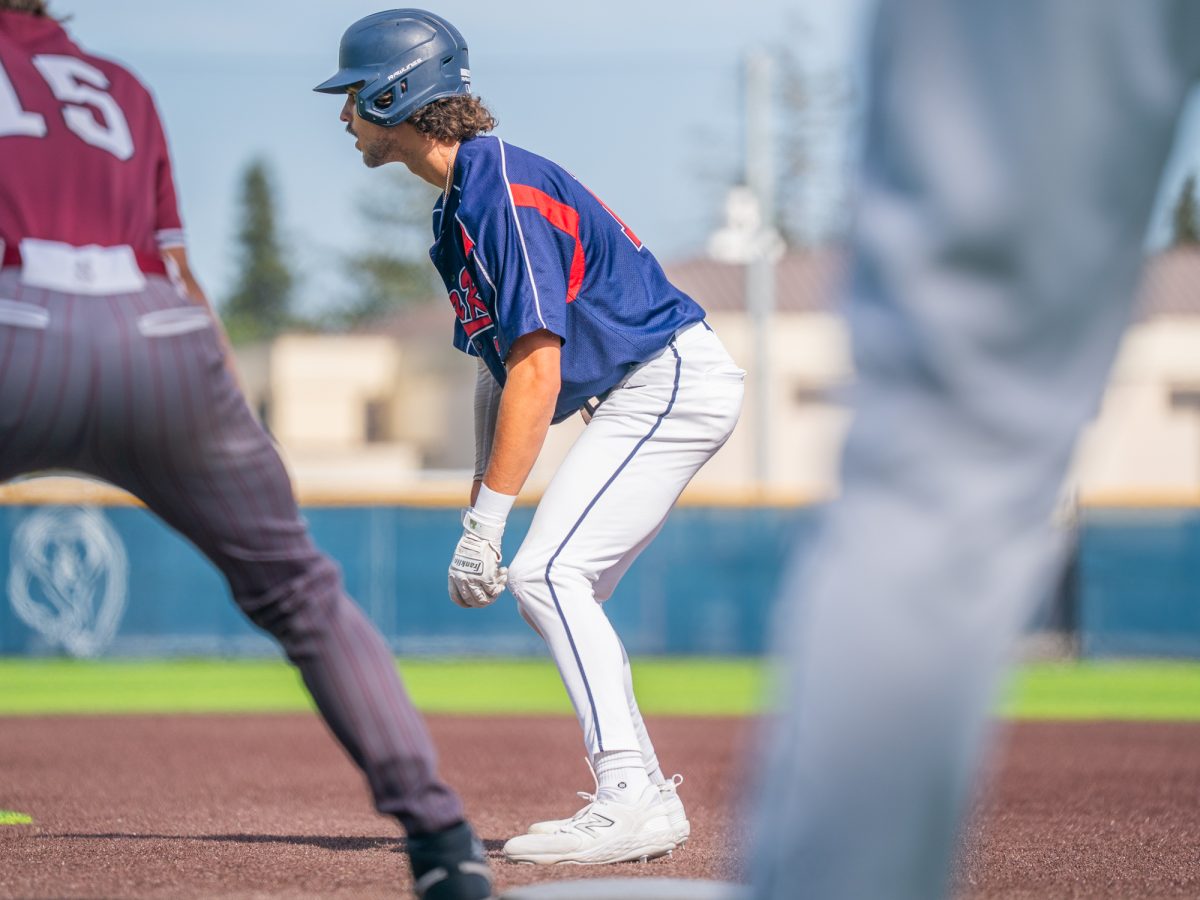 Freshman center fielder Cooper Wood edges towards second base, waiting for the opportunity to steal against Sierra in game one of the 3C2A Regional Finals on Friday, May 16, 2025 in Santa Rosa.