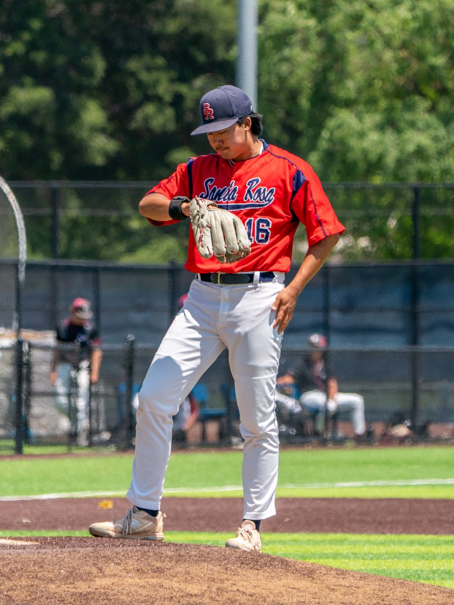 Sophomore Caleb Okada prepares to take over for Abramson in the bottom of the first against Sierra in game two of the 3C2A Regional Finals on Saturday, May 17, 2025 in Santa Rosa.