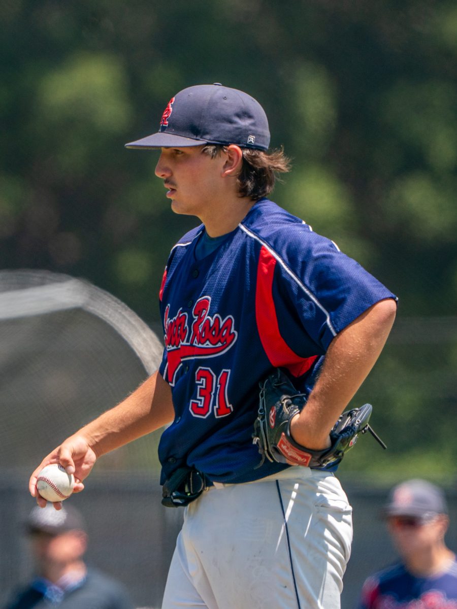 Sophomore pitcher Luke Schat gets ready to pitch to another batter from Sierra in game three of the 3C2A Regional Finals on Sunday, May 18, 2025 in Santa Rosa.
