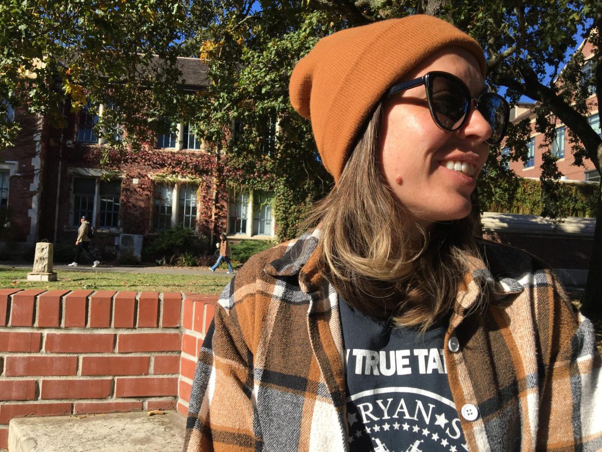 Rikki Wickman poses on campus during a digital journalism exercise in Fall 2024. Classes at the SRJC help Rikki find her creative potential.