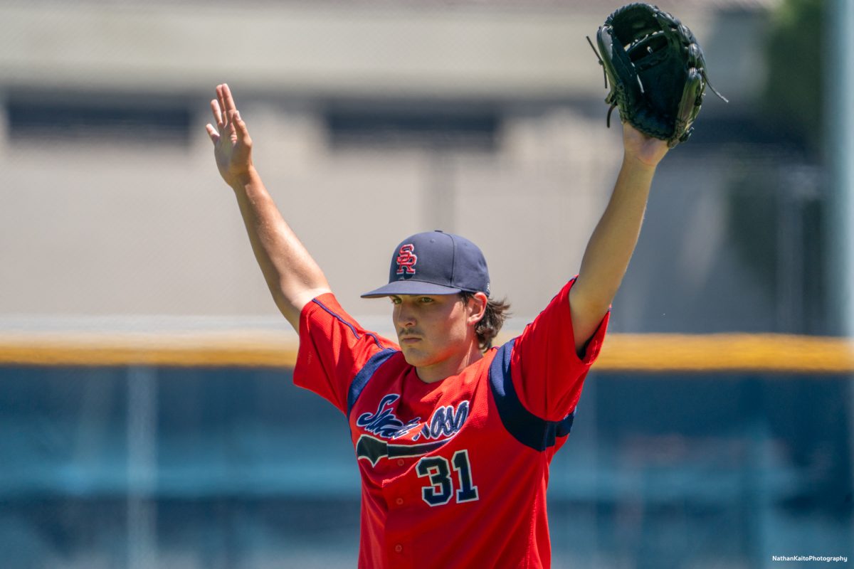 Santa Rosa Junior College's pitcher Luke Schat confidently celebrates after seeing off Folsom Lake in game four of the 3C2A Super Regionals on Saturday, May 10, 2025 in Santa Rosa.