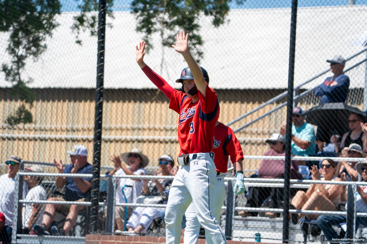 Bear Cubs' sophomore third baseman Tyler Nordyke celebrates at home plate, waiting for teammate, Cooper Wood after Martins hit a single to center field during game four of the 3C2A Super Regionals on Saturday, May 10, 2025 in Santa Rosa.
