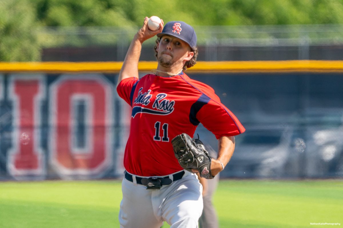 Santa Rosa Junior College's freshman pitcher Keller Ausbun prepares to unleash a pitch after coming in the latter stages during game two of the 3C2A Regional Finals on Saturday, May 17, 2025 in Santa Rosa. 