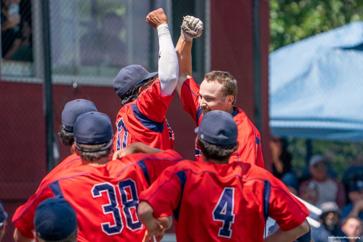 Bear Cubs' freshman left fielder Shane Moran leaps into the air with teammate, Anane Wilson after hitting a homer-run in top of the fourth inning during game two of the 3C2A Regional Finals on Saturday, May 17, 2025 in Santa Rosa. 