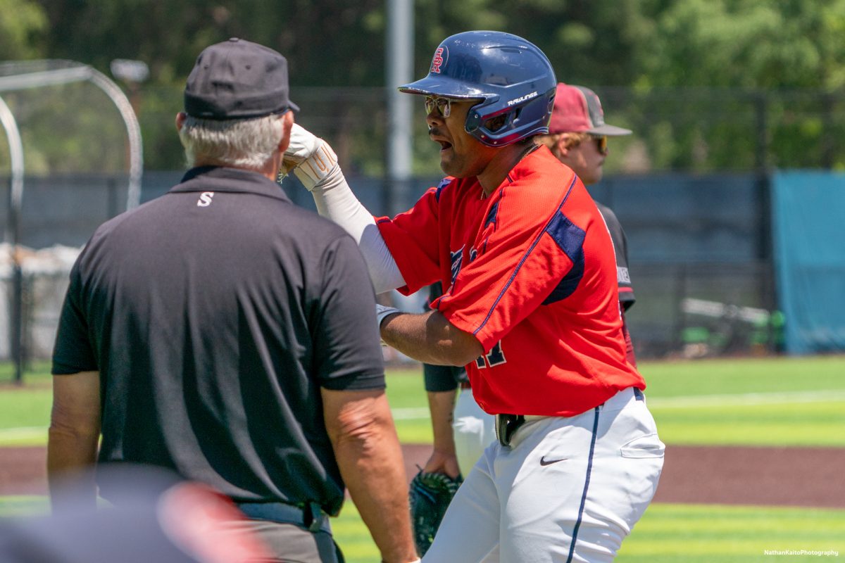 Santa Rosa Junior College's freshman right fielder Anane Wilson celebrates towards the dugout as an error from Sierra allows him to get on base during game two of the 3C2A Regional Finals on Saturday, May 17, 2025 in Santa Rosa. 