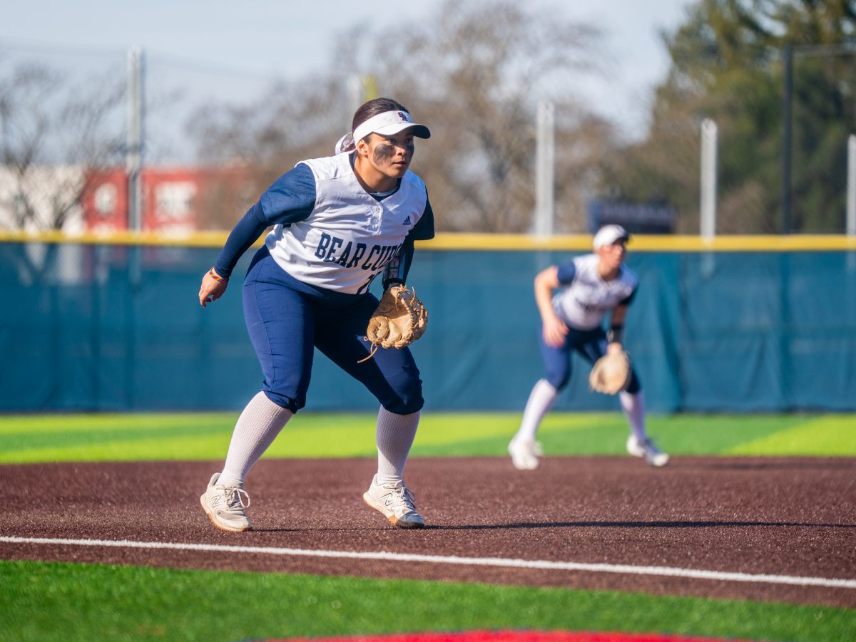 Sophomore third baseman Gabby Schenone watches as a batter gets ready to hit in the game against Hartnell College on January 24, 2025 at home.