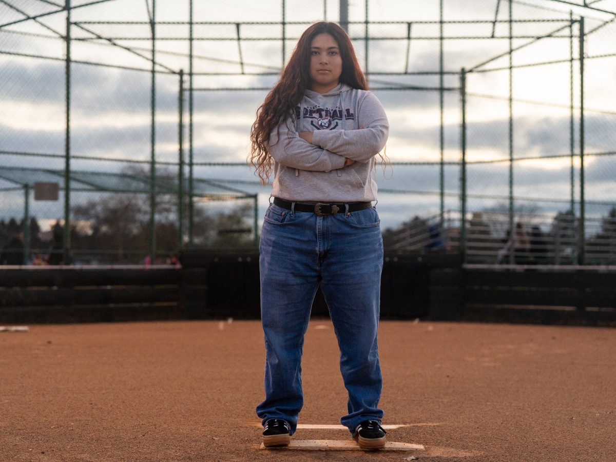 Gabby Schenone stands stoically on the pitching rubber at the Magnolia Park softball field on Jan. 28 in Rohnert Park, California.