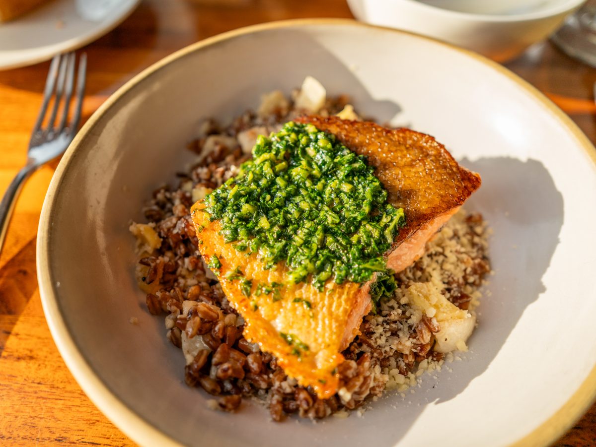 The pan roasted steelhead trout is laid on a bed of farro, parsnip, turnip, butter, parmesan and topped with chimichurri at Coast Kitchen on March 18, 2025 in Jenner, California.