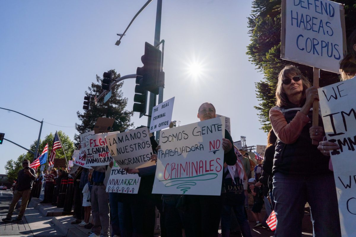 Protestors line the side walks of Old Courthouse Square in downtown Santa Rosa on Wednesday, June 11, 2025.