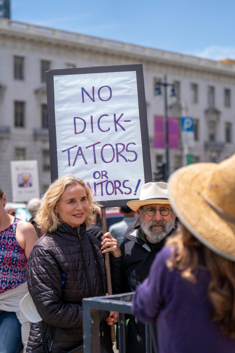 A creative sign by a protester during "No Kings Day" on Saturday, June 14, 2025 in San Francisco.