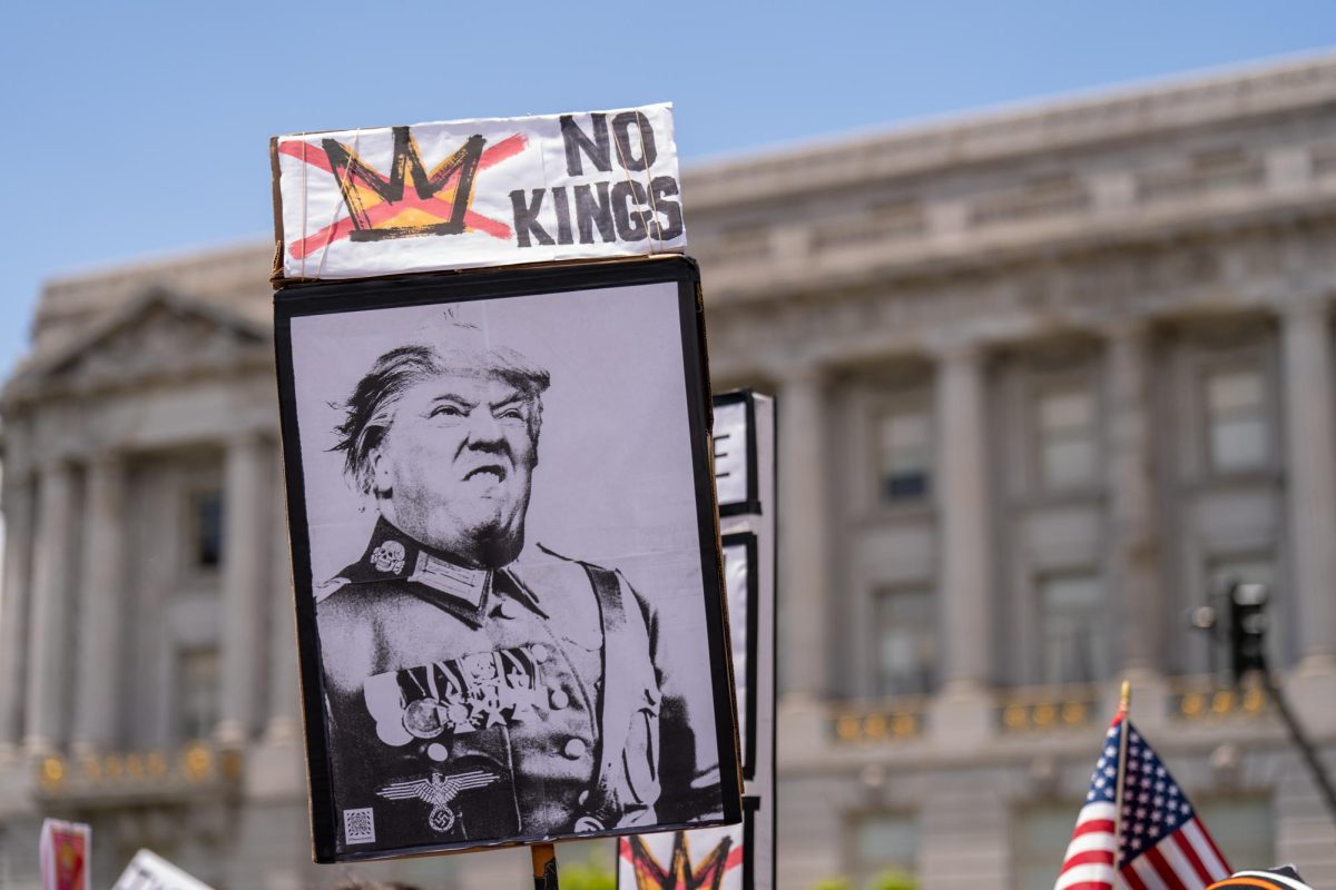 A creative sign by a protester during "No Kings Day" on Saturday, June 14, 2025 in San Francisco.