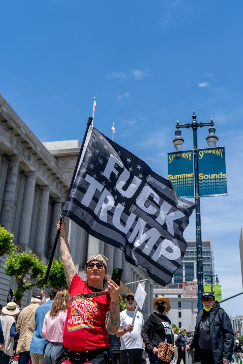 A protestor waves a flag against the current president at "No Kings Day" on Saturday, June 14, 2025 in San Francisco.