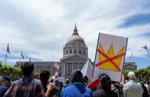 Over 100,000 protestors flood Civic Center Plaza for "No Kings Day" on Saturday, June 14, 2025 in San Francisco.