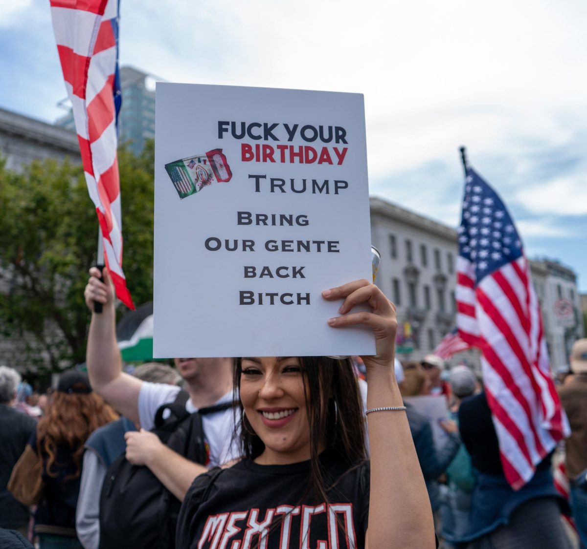 A creative sign by a protester during "No Kings Day" on Saturday, June 14, 2025 in San Francisco.