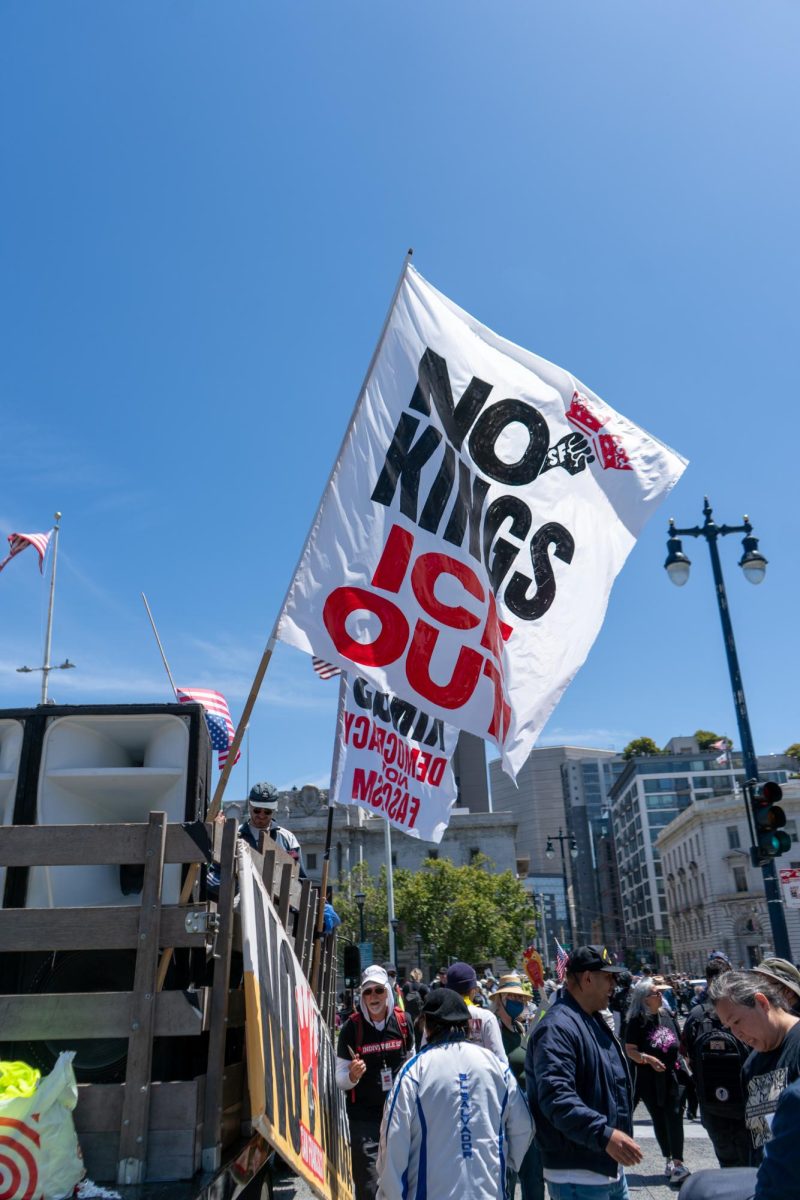"No Kings Day" banners fly on the back of an organizers truck on Saturday, June 14, 2025 in San Francisco.