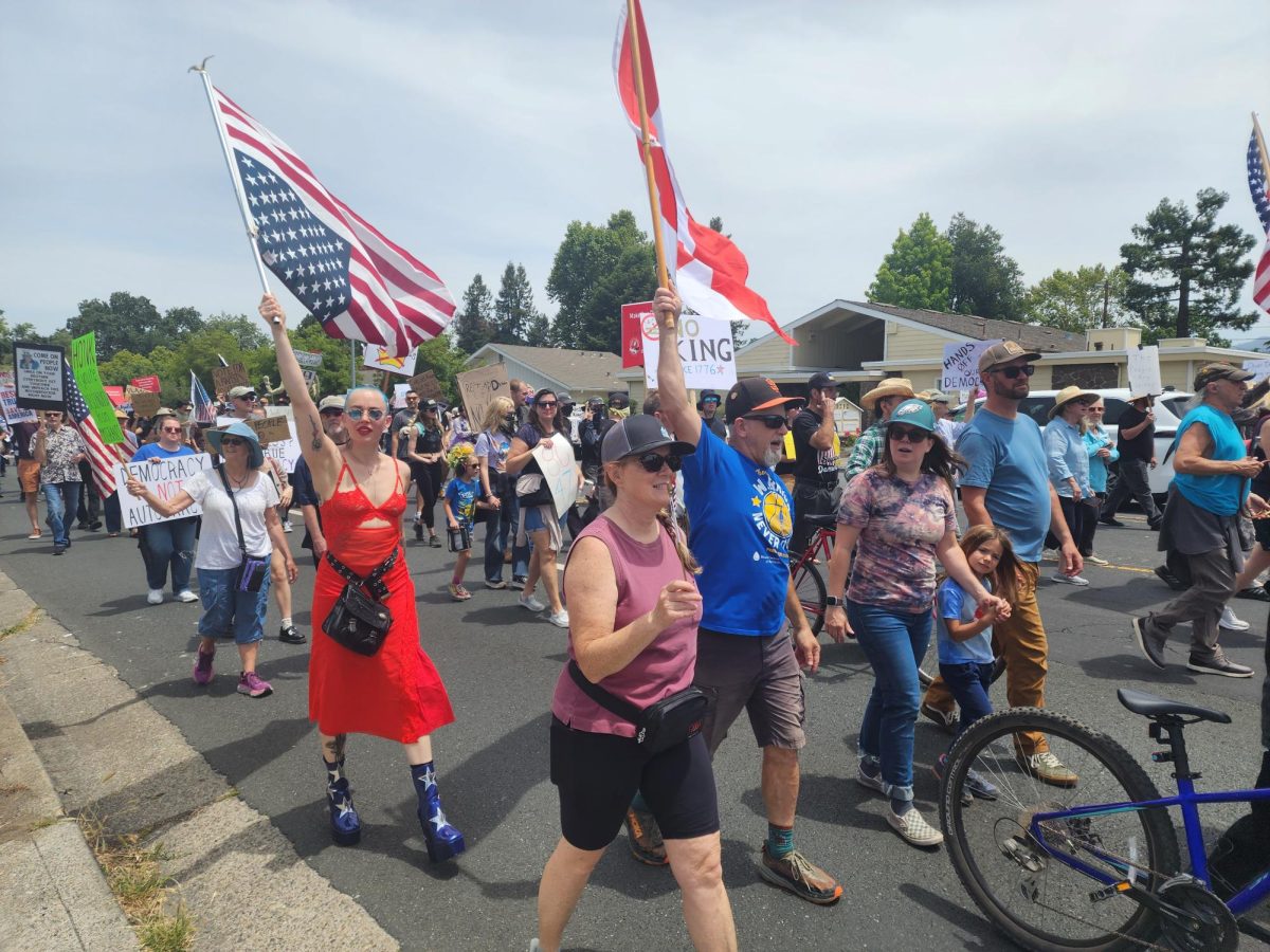 Protestors march down Farmers Lane towards Hoen Avenue on June 14  to share their disdain for the Trump administration and the president's apparent over-reach of influence in the government.