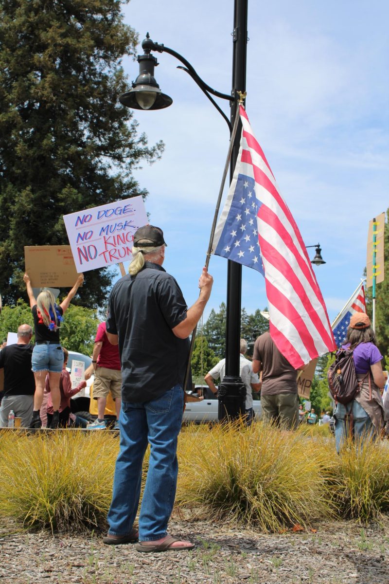 Healdsburg resident Tim Yeakel is fighting his sense of hopelessness by attending the No Kings Protest on Saturday, June 14, by showing his dissatisfaction with the current administration with an upside-down flag. 