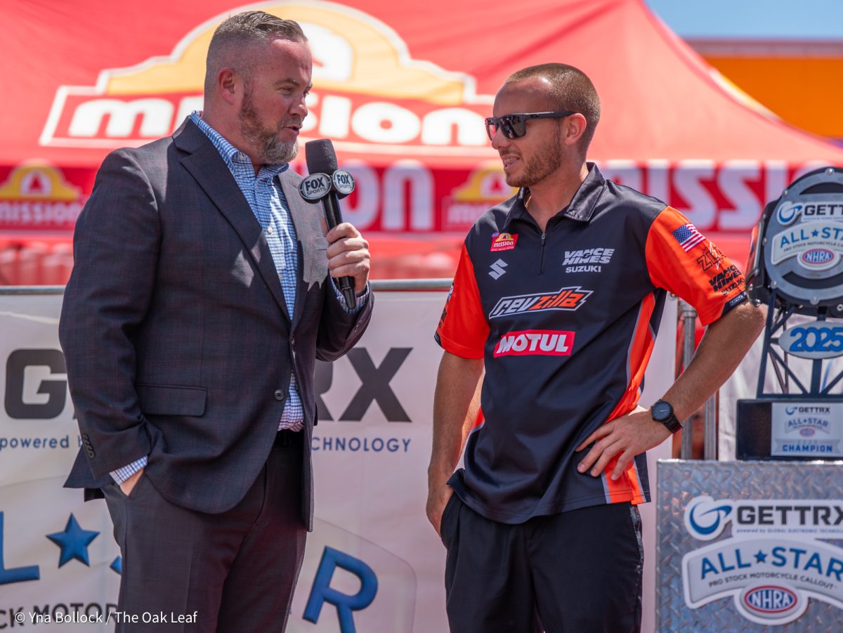 Announcer Brian Lohnes welcomes Pro Stock Motorcycle driver Gaige Herrera to the stage for the GETTRX All Start Pro Stock Motorcycle Callout at the DENSO NHRA Sonoma Nationals on Friday, July 25, 2025 in Sonoma.