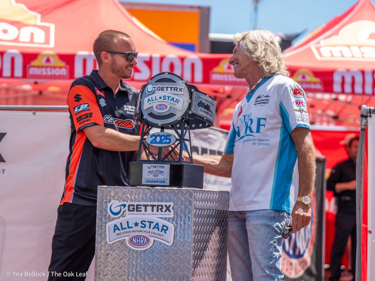 From left to right, Pro Stock Motorcycle drivers Gaige Herrera and Chris Bostick shake hands after Herrera called Bostick out for the GETTRX All Start Pro Stock Motorcycle Callout at the DENSO NHRA Sonoma Nationals on Friday, July 25, 2025 in Sonoma.