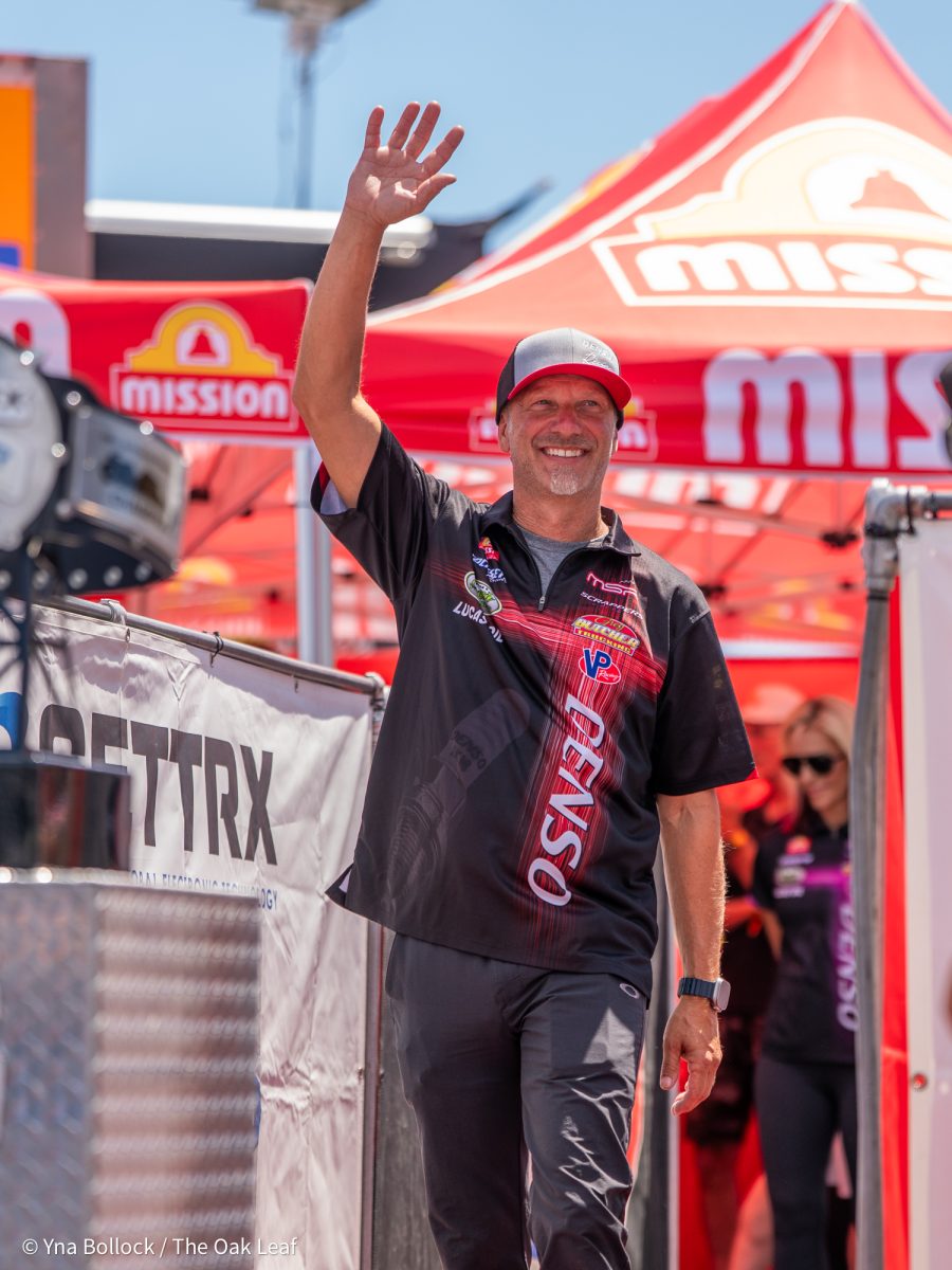 Pro Stock Motorcyle driver Matt Smith waves to the crowd during the GETTRX All Start Pro Stock Motorcycle Callout at the DENSO NHRA Sonoma Nationals on Friday, July 25, 2025 in Sonoma.