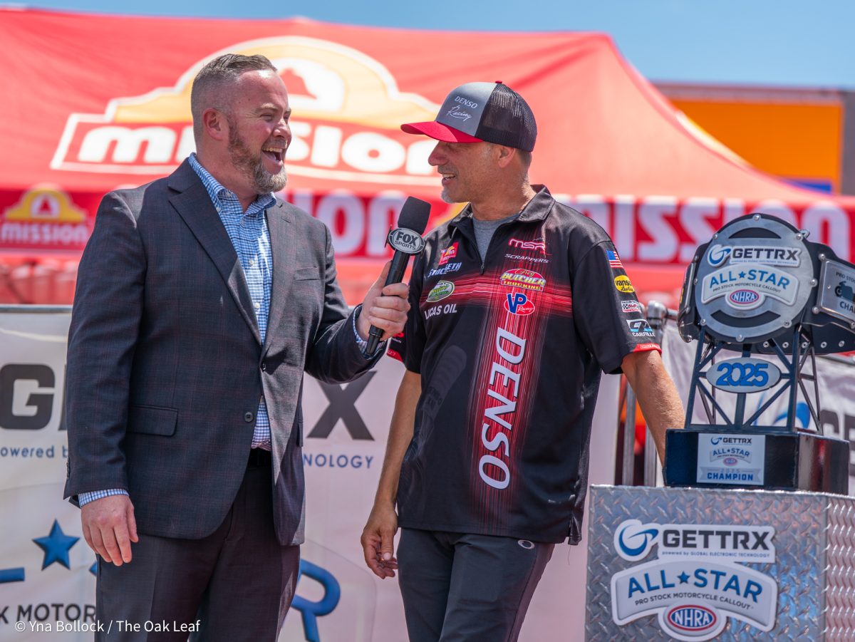 Pro Stock Motorcyle driver Matt Smith jokes with announcer Brian Lohnes during the GETTRX All Start Pro Stock Motorcycle Callout at the DENSO NHRA Sonoma Nationals on Friday, July 25, 2025 in Sonoma.