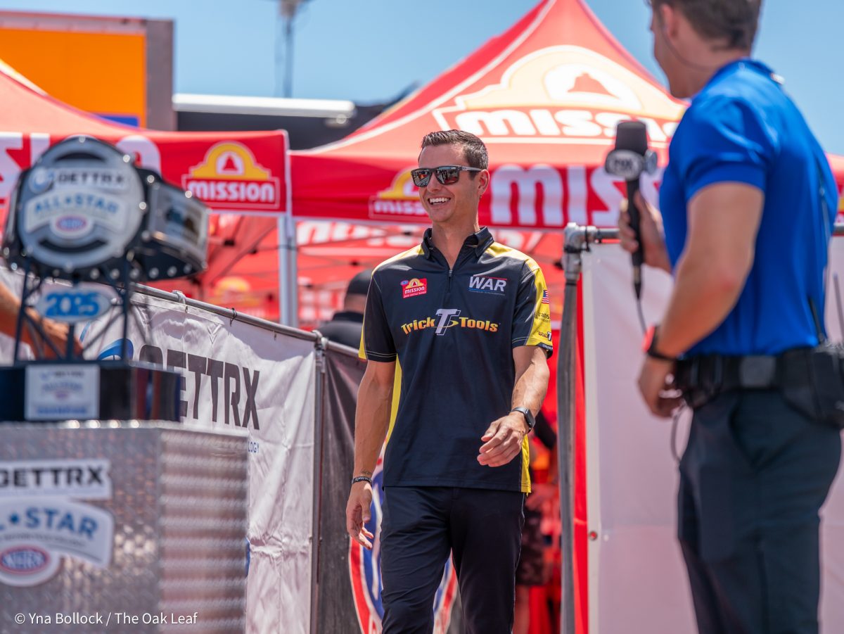 Pro Stock Motorcycle driver Chase Van Sant walks out as Matt Smith calls him out for the GETTRX All Start Pro Stock Motorcycle Callout at the DENSO NHRA Sonoma Nationals on Friday, July 25, 2025 in Sonoma.