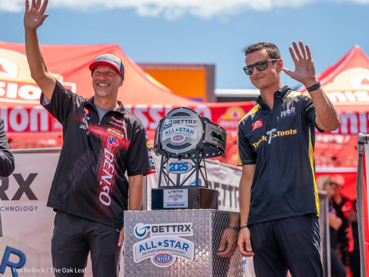 From left to right, Pro Stock Motorcycle drivers Matt Smith and Chase Van Sant wave to the crowd during the GETTRX All Start Pro Stock Motorcycle Callout at the DENSO NHRA Sonoma Nationals on Friday, July 25, 2025 in Sonoma.