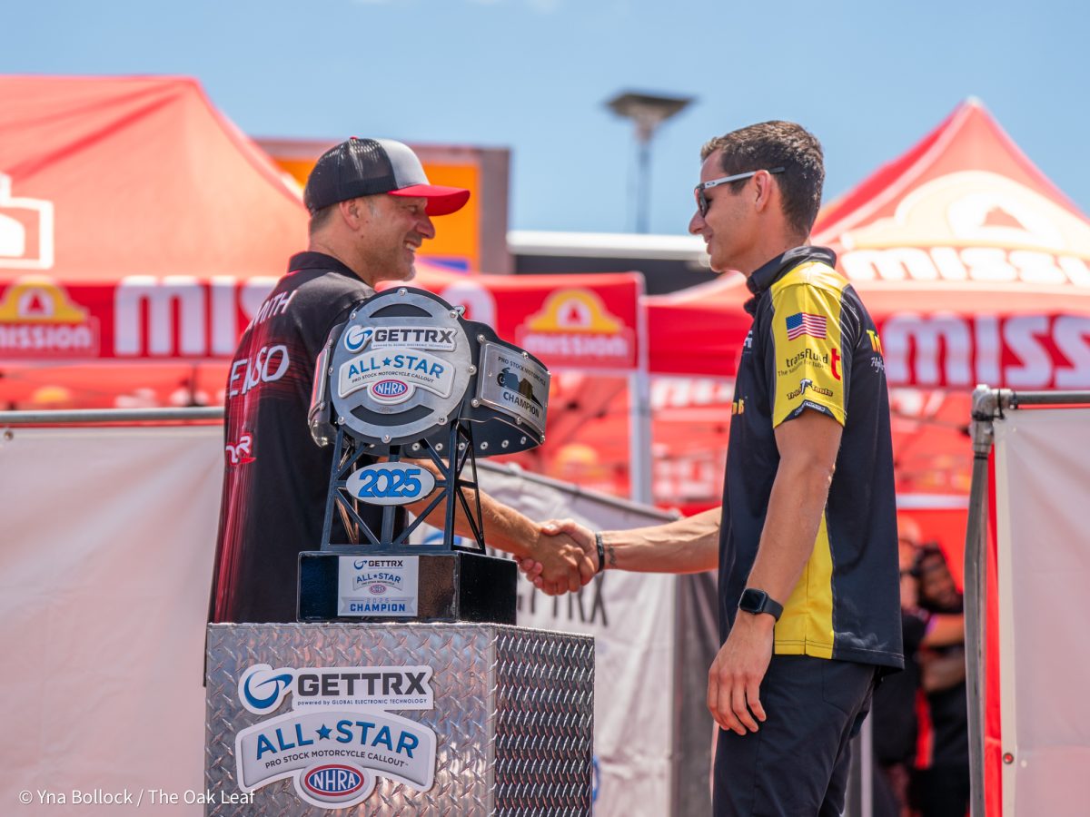 From left to right, Pro Stock Motorcycle drivers Matt Smith and Chase Van Sant shake hands after the GETTRX All Start Pro Stock Motorcycle Callout at the DENSO NHRA Sonoma Nationals on Friday, July 25, 2025 in Sonoma.