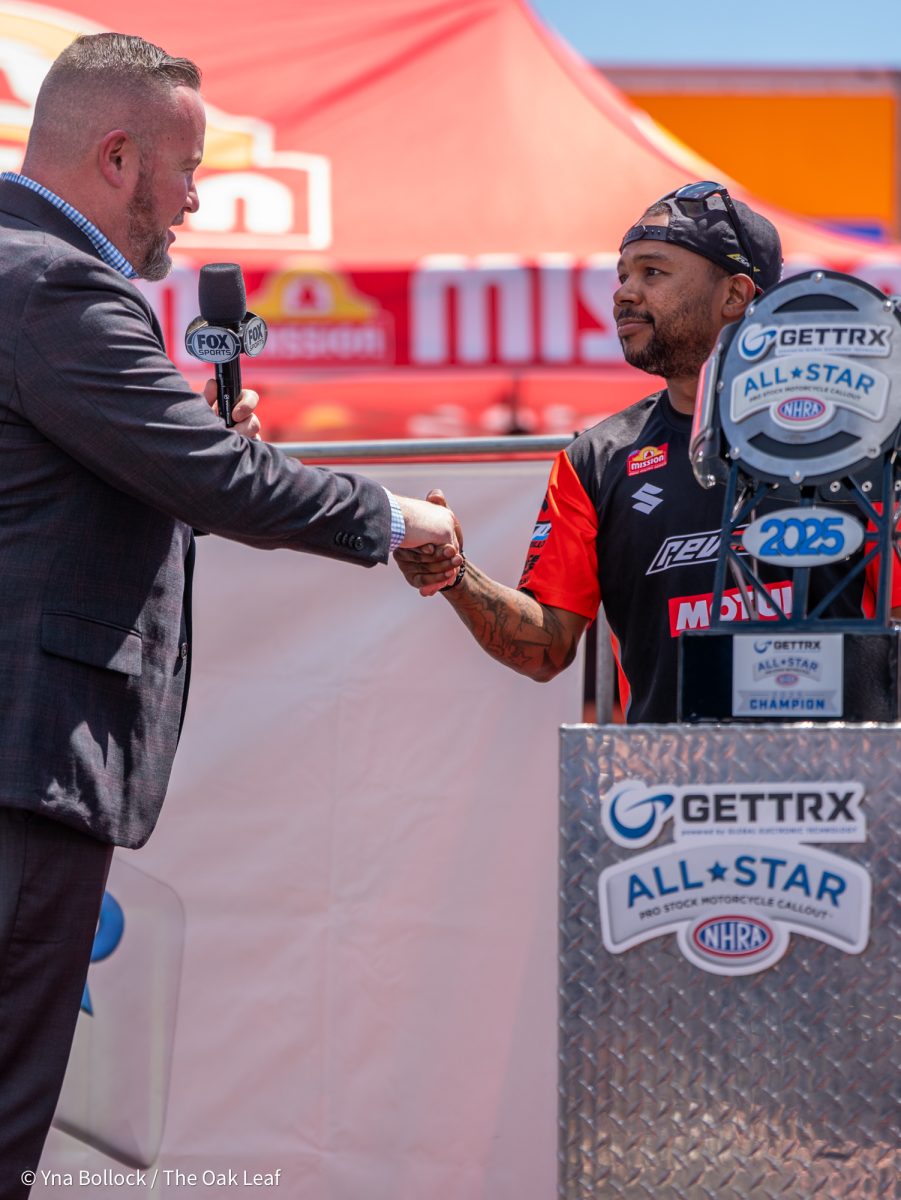 From left to right, announcer Brian Lohnes welcomes Pro Stock Motorcycle driver Richard Gadson to the GETTRX All Start Pro Stock Motorcycle Callout at the DENSO NHRA Sonoma Nationals on Friday, July 25, 2025 in Sonoma.