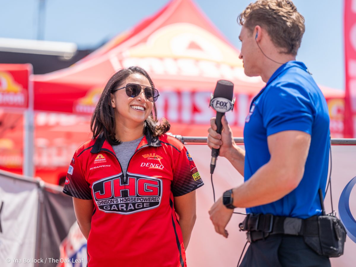 Pro Stock Motorcyle driver Jianna Evaristo chats with Fox Sports reporter Jordan Vandergriff during the GETTRX All Start Pro Stock Motorcycle Callout at the DENSO NHRA Sonoma Nationals on Friday, July 25, 2025 in Sonoma.